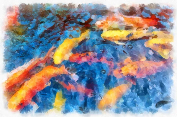 A group of koi fish in the pond watercolor style illustration impressionist painting.