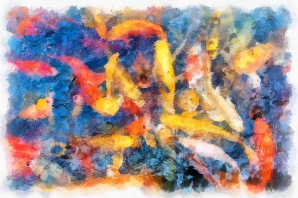 A group of koi fish in the pond watercolor style illustration impressionist painting.