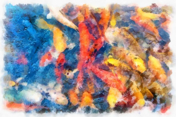 A group of koi fish in the pond watercolor style illustration impressionist painting.