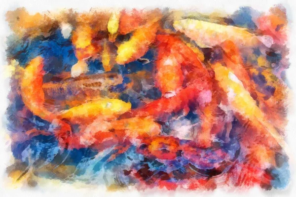 A group of koi fish in the pond watercolor style illustration impressionist painting.