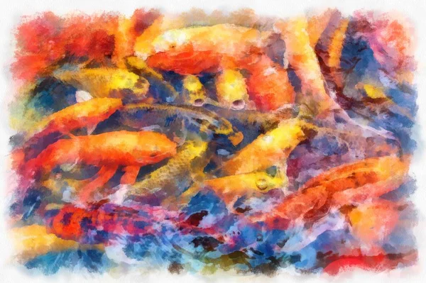 A group of koi fish in the pond watercolor style illustration impressionist painting.