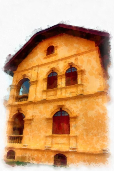 The ancient yellow building colonial architecture There are beautiful decorative stucco components, doors and windows watercolor style illustration impressionist painting.