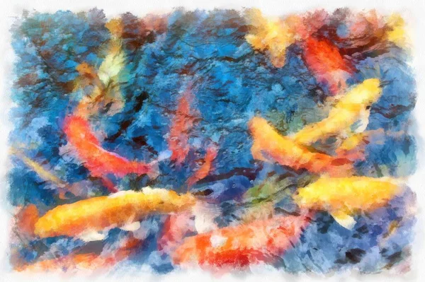 A group of koi fish in the pond watercolor style illustration impressionist painting.