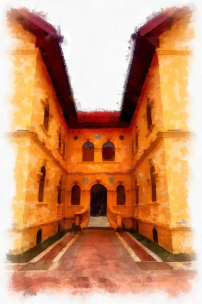 The ancient yellow building colonial architecture There are beautiful decorative stucco components, doors and windows watercolor style illustration impressionist painting.