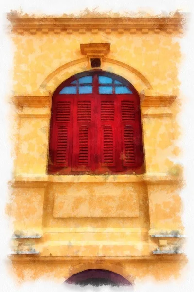 The ancient yellow building colonial architecture There are beautiful decorative stucco components, doors and windows watercolor style illustration impressionist painting.