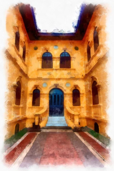 The ancient yellow building colonial architecture There are beautiful decorative stucco components, doors and windows watercolor style illustration impressionist painting.