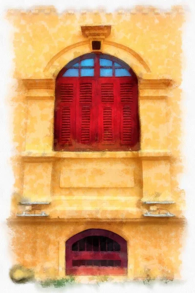 The ancient yellow building colonial architecture There are beautiful decorative stucco components, doors and windows watercolor style illustration impressionist painting.