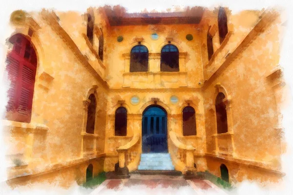 The ancient yellow building colonial architecture There are beautiful decorative stucco components, doors and windows watercolor style illustration impressionist painting.
