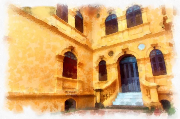 The ancient yellow building colonial architecture There are beautiful decorative stucco components, doors and windows watercolor style illustration impressionist painting.