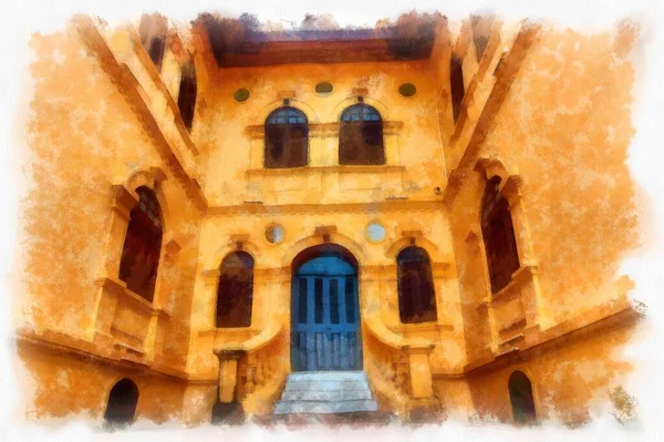 The ancient yellow building colonial architecture There are beautiful decorative stucco components, doors and windows watercolor style illustration impressionist painting.