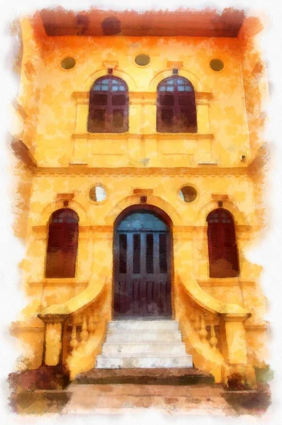 Ancient Yellow Building Colonial Architecture Beautiful Decorative Stucco Components Πόρτες — Φωτογραφία Αρχείου