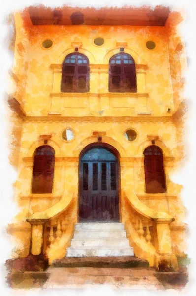 The ancient yellow building colonial architecture There are beautiful decorative stucco components, doors and windows watercolor style illustration impressionist painting.