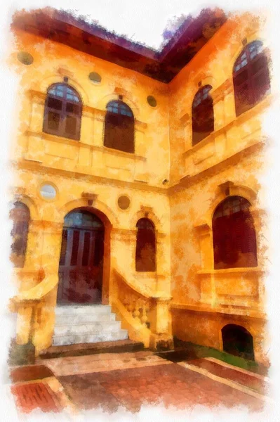 The ancient yellow building colonial architecture There are beautiful decorative stucco components, doors and windows watercolor style illustration impressionist painting.