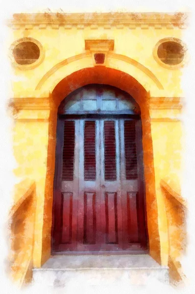 Ancient Yellow Building Colonial Architecture Beautiful Decorative Stucco Components Doors —  Fotos de Stock