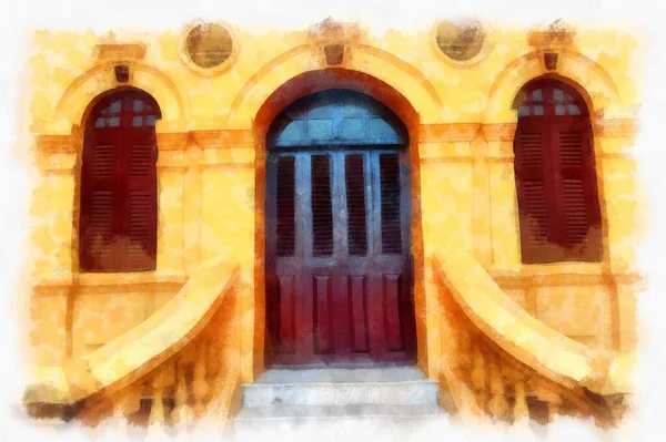 The ancient yellow building colonial architecture There are beautiful decorative stucco components, doors and windows watercolor style illustration impressionist painting.