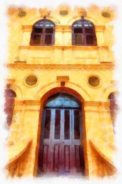 The ancient yellow building colonial architecture There are beautiful decorative stucco components, doors and windows watercolor style illustration impressionist painting.