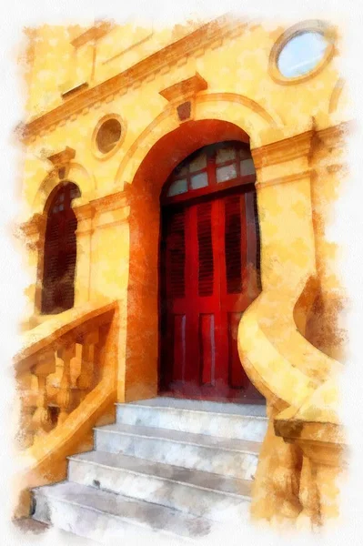 The ancient yellow building colonial architecture There are beautiful decorative stucco components, doors and windows watercolor style illustration impressionist painting.