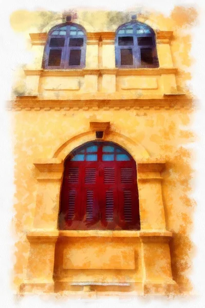 The ancient yellow building colonial architecture There are beautiful decorative stucco components, doors and windows watercolor style illustration impressionist painting.