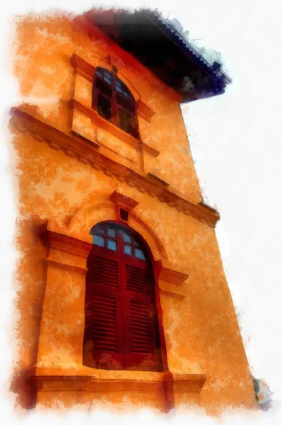 The ancient yellow building colonial architecture There are beautiful decorative stucco components, doors and windows watercolor style illustration impressionist painting.