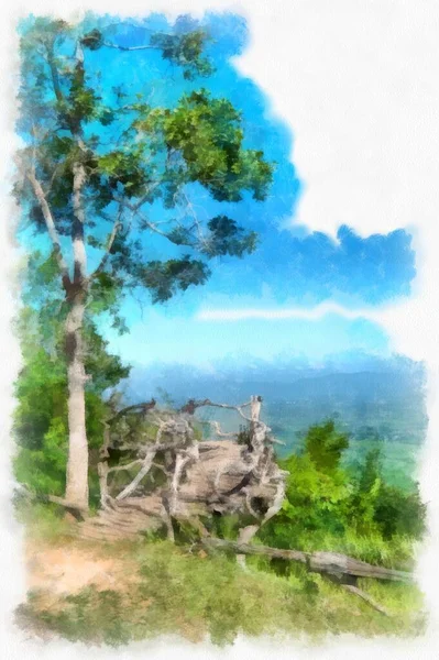 The mountain landscape has forests and land watercolor style illustration impressionist painting.