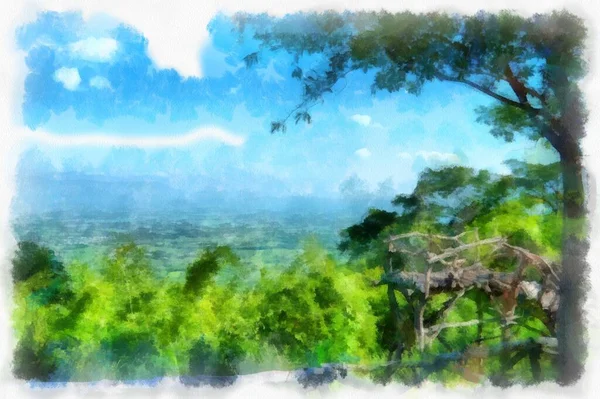 Mountain Landscape Has Forests Land Watercolor Style Illustration Impressionist Painting — ストック写真