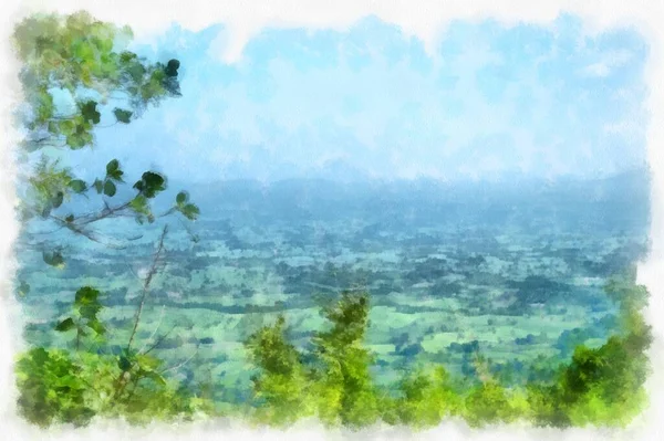 Mountain Landscape Has Forests Land Watercolor Style Illustration Impressionist Painting — ストック写真