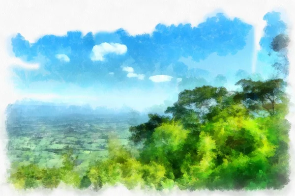 Mountain Landscape Has Forests Land Watercolor Style Illustration Impressionist Painting — Fotografia de Stock