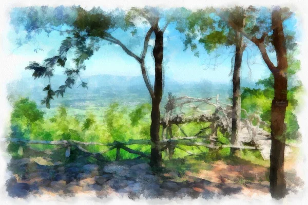 Mountain Landscape Has Forests Land Watercolor Style Illustration Impressionist Painting — Stock Photo, Image