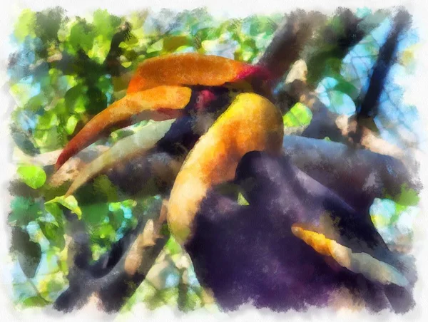 Hornvogel Auf Dem Baum Aquarell Stil Illustration Impressionistische Malerei — Stockfoto