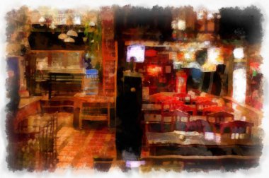 Antique shop landscape watercolor style illustration impressionist painting.