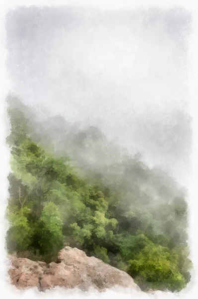 Τοπίο Των Ορεινών Δασών Δέντρα Και Ομίχλη Υδατογραφία Εικονογράφηση Στυλ — Φωτογραφία Αρχείου