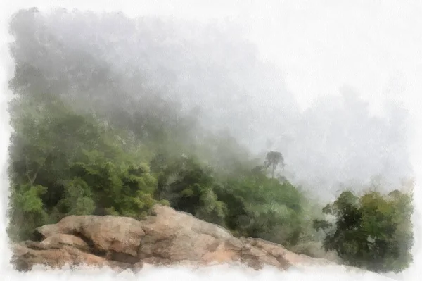 Landscape Mountains Forests Trees Fog Watercolor Style Illustration Impressionist Painting — 图库照片