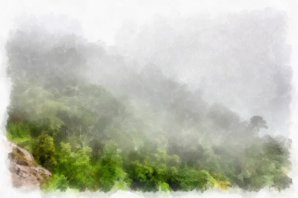 Пейзаж Горных Лесов Деревья Туман Акварель Стиль Иллюстрации Импрессионистская Живопись — стоковое фото