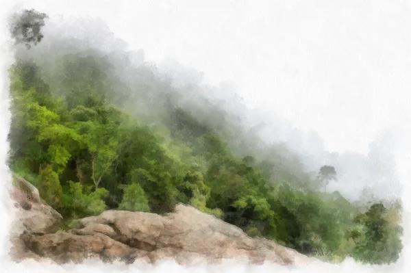 Landscape Mountains Forests Trees Fog Watercolor Style Illustration Impressionist Painting — Stok fotoğraf