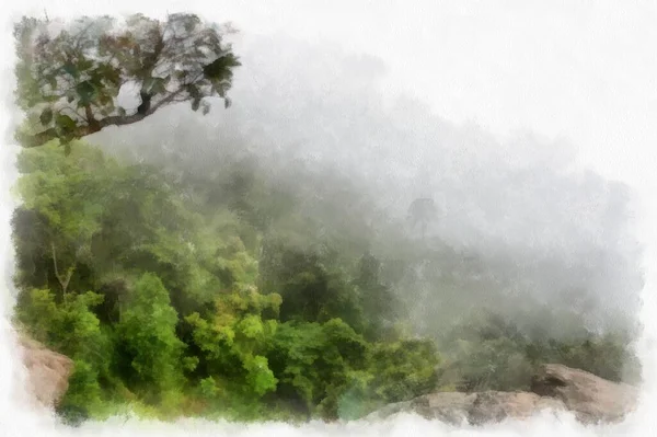 Landscape Mountains Forests Trees Fog Watercolor Style Illustration Impressionist Painting — Stok fotoğraf