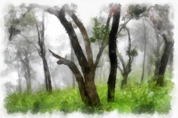 Landscape Mountains Forests Trees Fog Watercolor Style Illustration Impressionist Painting — Stock Photo, Image