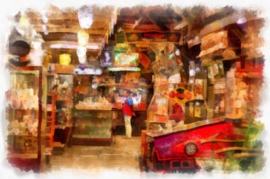 Antique shop landscape watercolor style illustration impressionist painting.