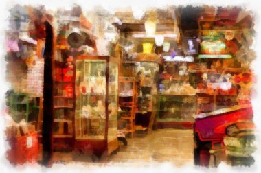 Antique shop landscape watercolor style illustration impressionist painting.