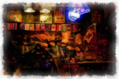 Antique shop landscape watercolor style illustration impressionist painting.