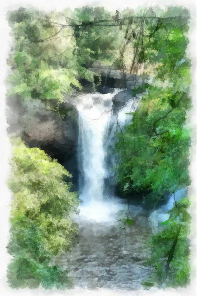 Waterfall Forest Landscape Watercolor Style Illustration Impressionist Painting — Foto de Stock
