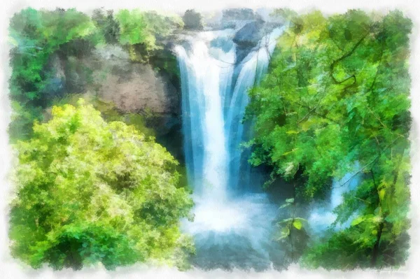 Waterfall Forest Landscape Watercolor Style Illustration Impressionist Painting — ストック写真