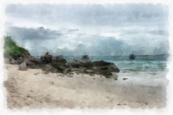 Landscape Sea Rocky Beach Watercolor Style Illustration Impressionist Painting — 图库照片