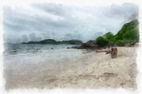 Landscape Sea Rocky Beach Watercolor Style Illustration Impressionist Painting — Photo