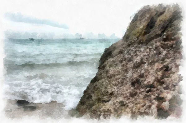 Landscape Sea Rocky Beach Watercolor Style Illustration Impressionist Painting — Photo