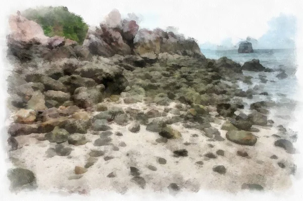 Landscape Sea Rocky Beach Watercolor Style Illustration Impressionist Painting — Photo