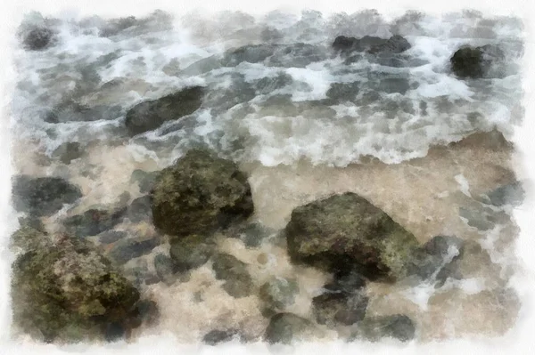 Landscape Sea Rocky Beach Watercolor Style Illustration Impressionist Painting — Stockfoto