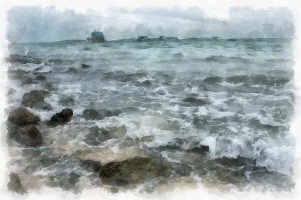 Landscape Sea Rocky Beach Watercolor Style Illustration Impressionist Painting — Stockfoto