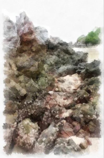 Landscape Sea Rocky Beach Watercolor Style Illustration Impressionist Painting — Photo