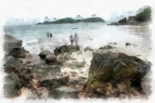 Landscape Sea Rocky Beach Watercolor Style Illustration Impressionist Painting — Stockfoto