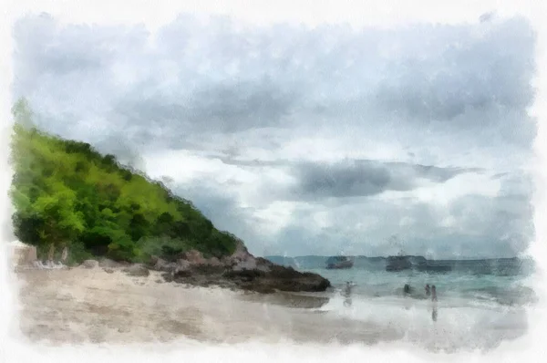Landscape Sea Rocky Beach Watercolor Style Illustration Impressionist Painting — Stock fotografie